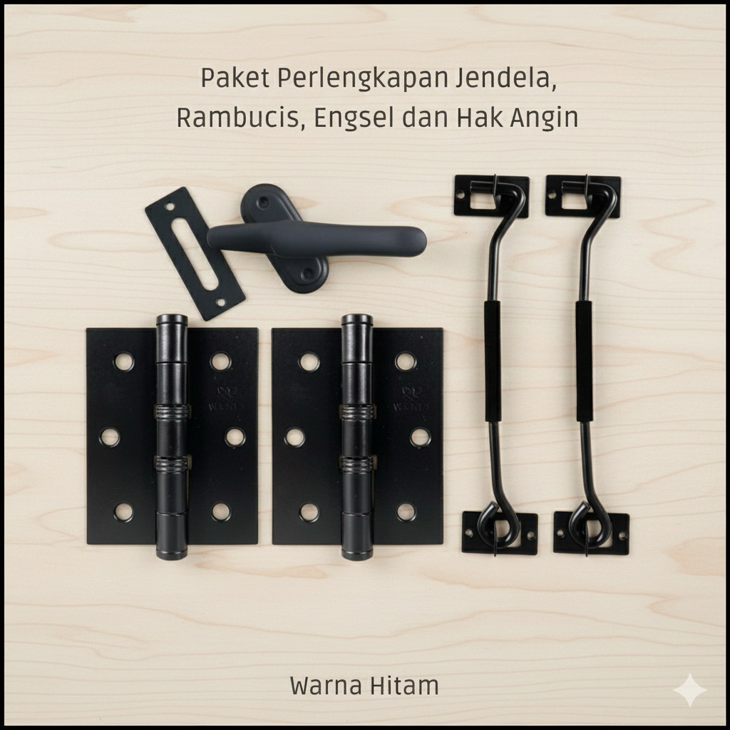 1 Set Paket Perlengkapan Jendela Kayu Alumunium - Premium Hitam, Sudah Termasuk Baut