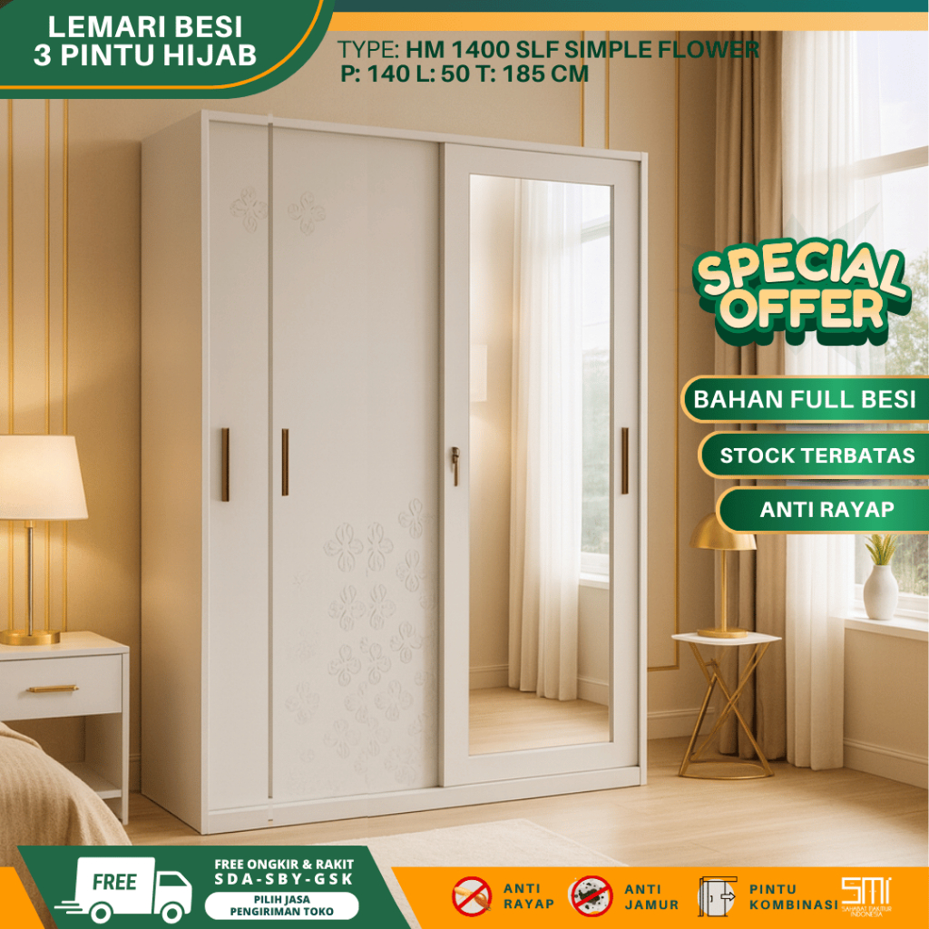Lemari Besi 3 Pintu Jumbo Hijab - Lemari Baju Lemari Pakaian Sliding Lemari Besi Almari Baju