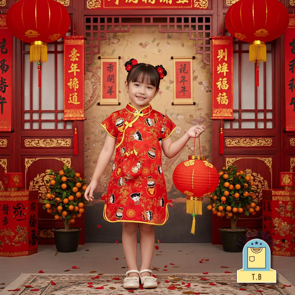 GRATIS TAS Dress Baju Cina Shanghai Terusan Anak Cewe Perempuan Cheongsam Imlek Usia 1 tahun - 9 tah