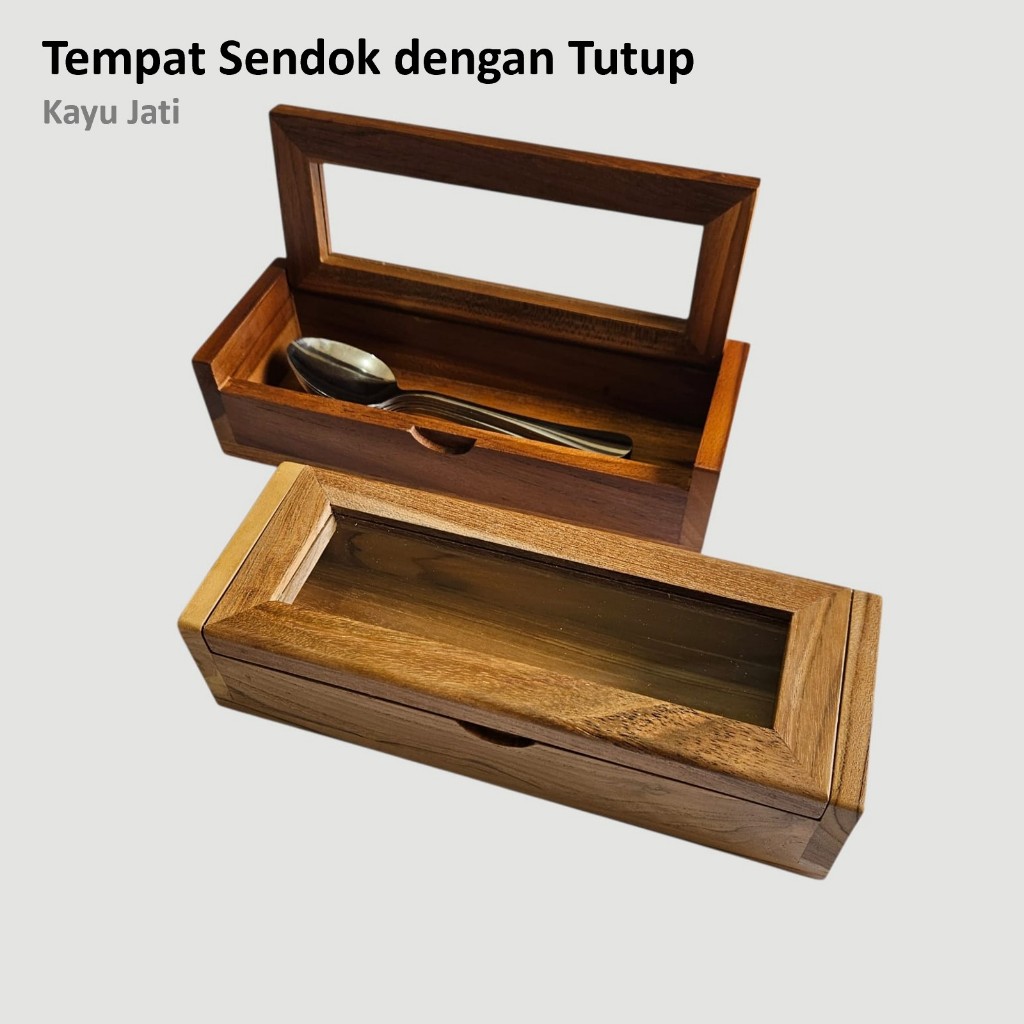 LusioSB Kotak Sendok Garpu Dengan Tutup Tempat Sendok Kayu Jati