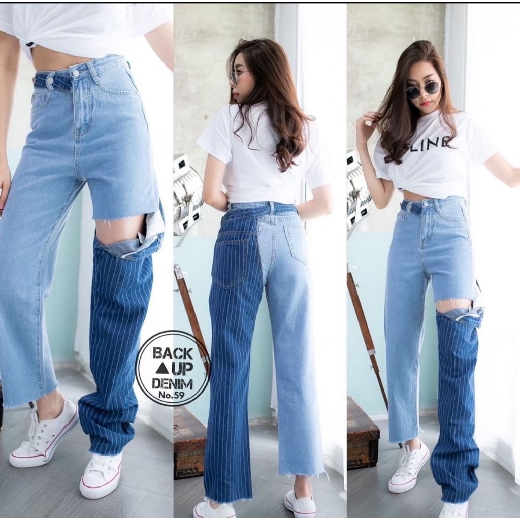 NEW ARRIVAL ready two tone jeans pants celana denim kombinasi KOREA Backup Promthong yaya gavana cha