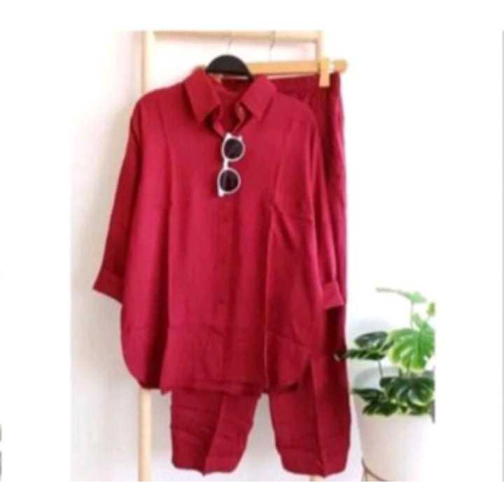 CUCI GUDANG // SETELAN ANDIN KANCING JUMBO.M.L.XL.XXL LD.110.120 130CM //SET CRINKLE POLOS LENGAN PA