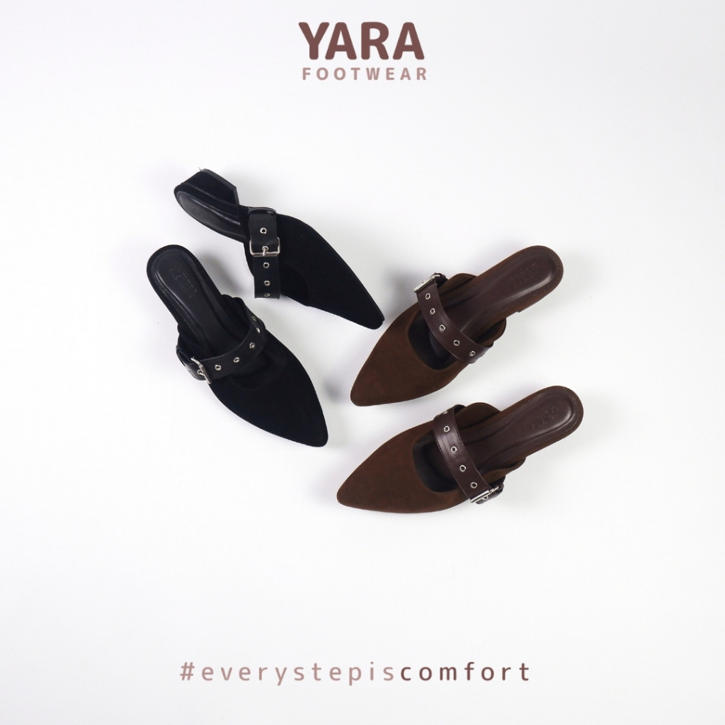 Yara Footwear - Birdie Mules Heels Sandal Wanita Sabuk Buludru Suede