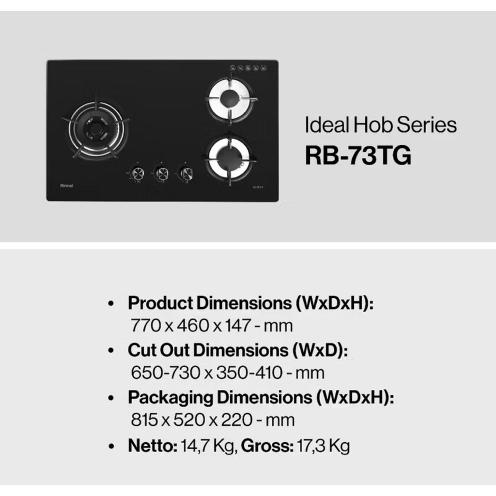 Hanya Kaca Kompor Sparepart rinna KOMPOR TANAM RINNAI RB-73 TG | KOMPOR TANAM 3 TUNGKU RINNAI  RB-73