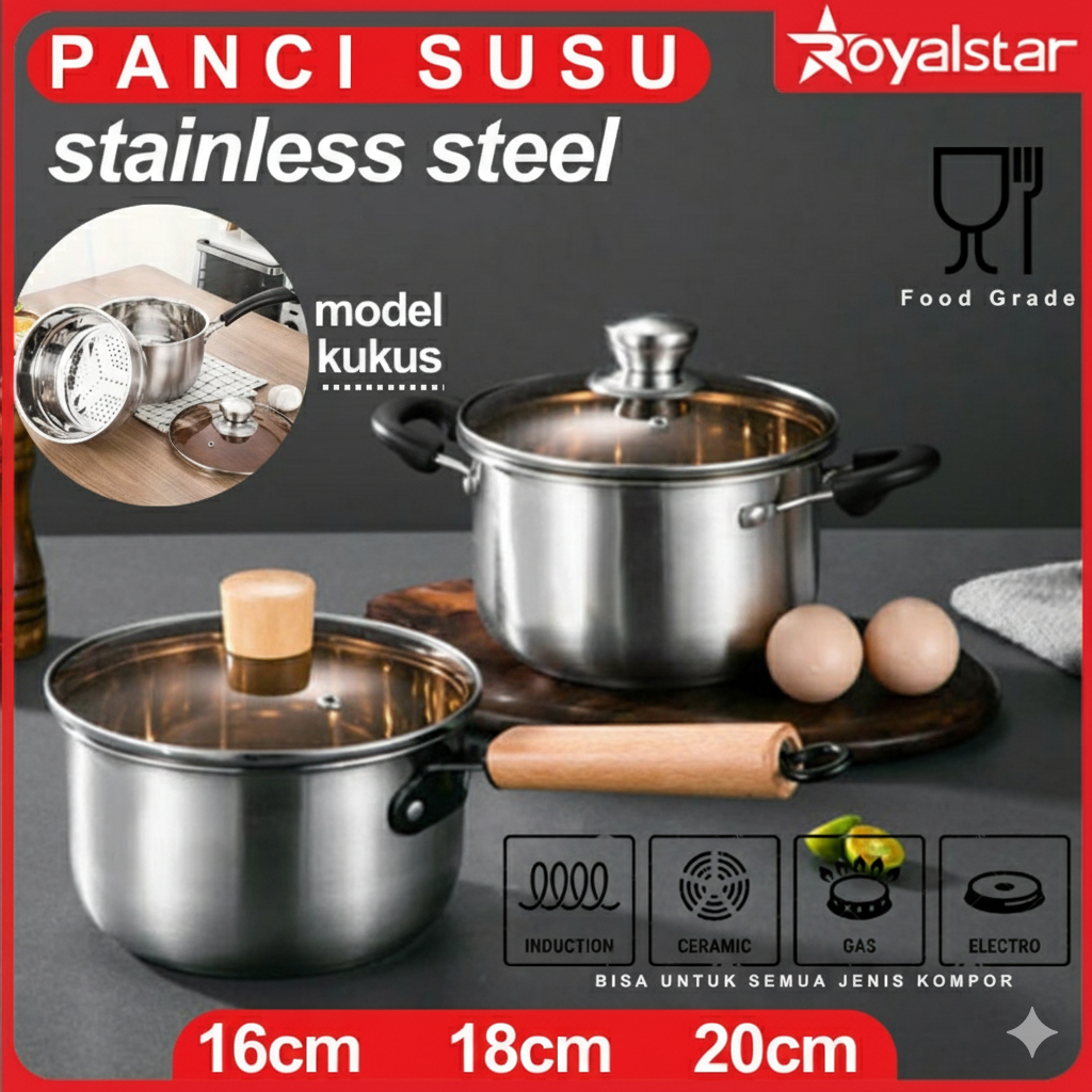 [Royalstar x Affiliator] Panci Kuah Stainless 16cm/18cm/20cm Milk Pot Kukus Tebal Tutup Kaca Stainle