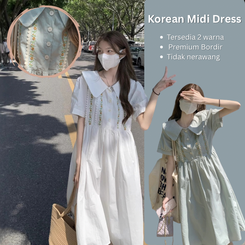Korean Midi Dress Casual Embroidered Lengan Pendek