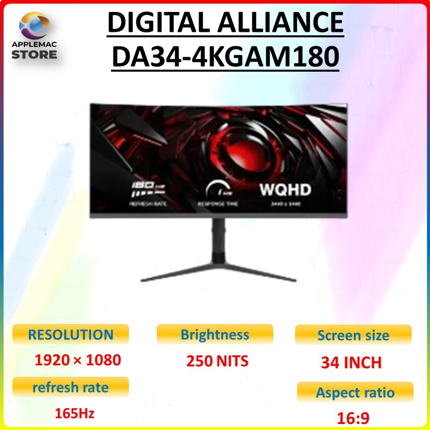 DIGITAL ALLIANCE GAMING MONITOR 34 INCH ULTRAWIDE CURVED VA UHD 4K 2160P 1MS 180HZ