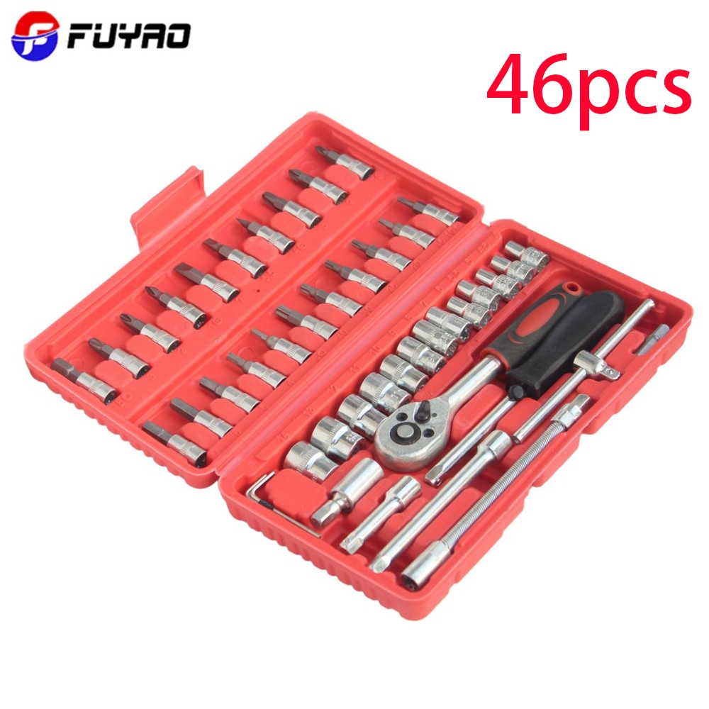 Set 46 buah kunci soket mobil dan motor serta peralatan perbaikan termasuk satu set lengkap peralata