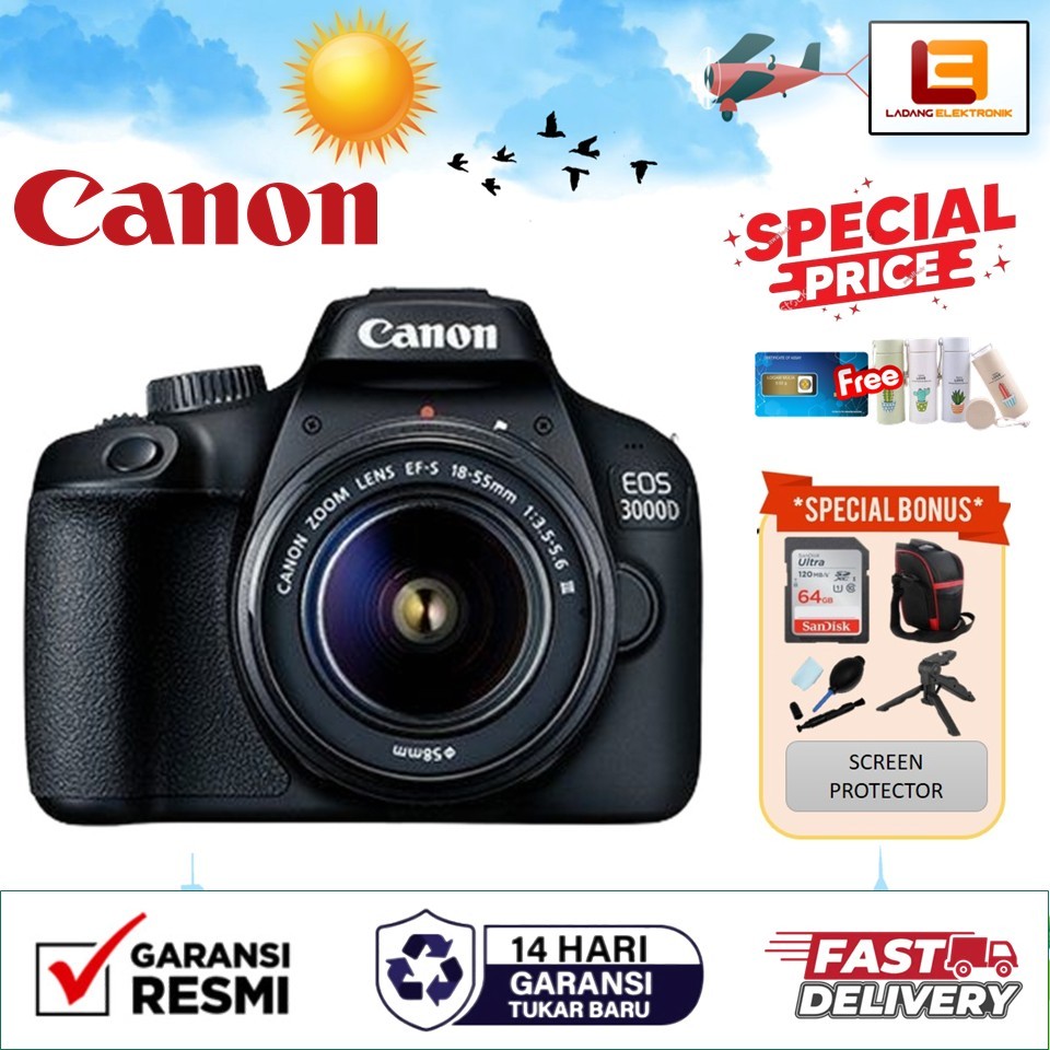 Canon EOS 3000D Kit EF-S 18-55mm III DSLR Kamera - GARANSI RESMI (HARGA CUCI GUDANG)
