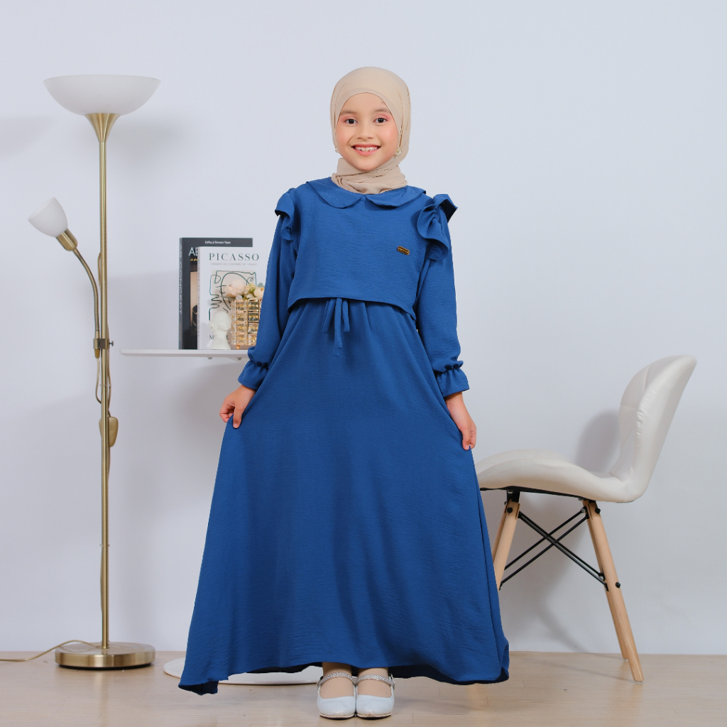 4SISTERS Gamis Rompi Anak Perempuan Medina Dress Biru Denim | Gamis Anak Muslim Premium | Dress Anak