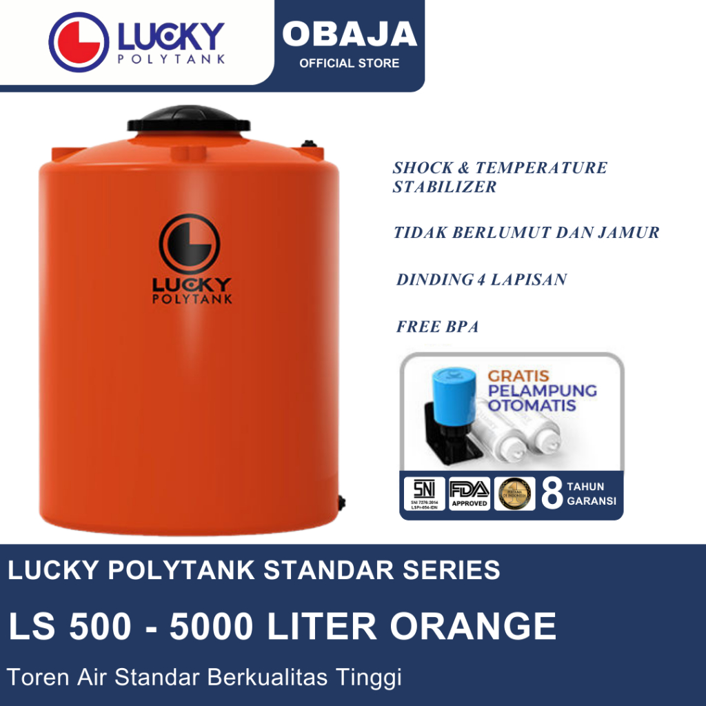 Lucky Polytank Toren Air LS 500 Orange / Toren Air LS 5000 Liter Orange Lucky Polytank
