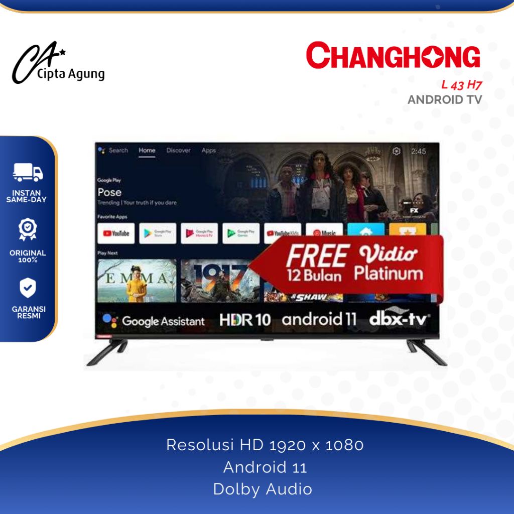 CHANGHONG LED ANDROID SMART  TV 43 INCH L43H7 l 43 H7 43h7 ANDROID 11 FULL HD DIGITAL TV 43 INCH CHA