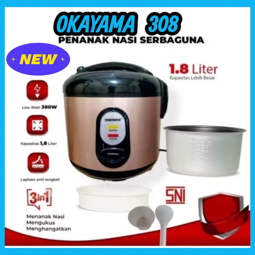 PROMO MAGIC COM OKAYAMA 308 ORIGINAL 1,8 LITER 3 IN 1 PENANAK NASI RICE COOKER OKAYAMA BERGARANSI