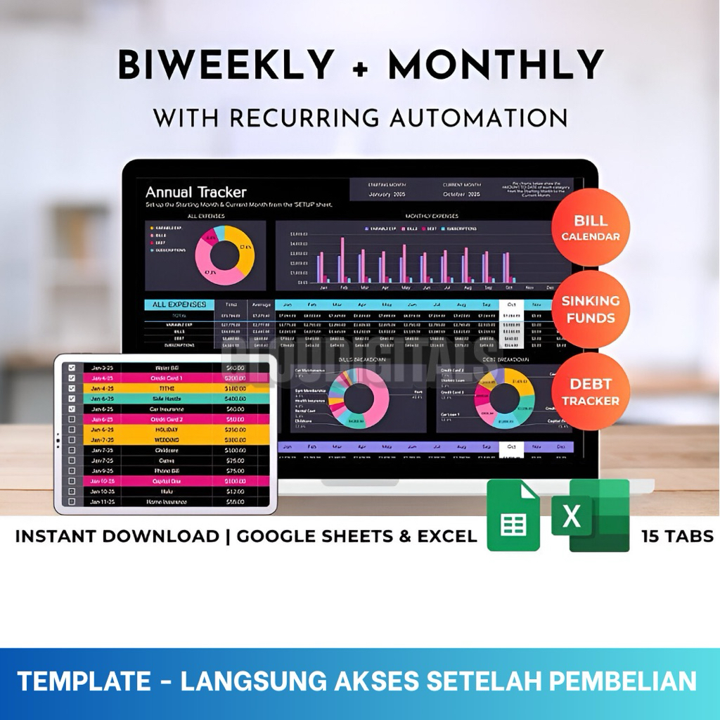 Spreadsheet Anggaran Keuangan Dark Mode Gaji Mingguan Dua Mingguan dan Bulanan - Gogle Sheets dan Ex