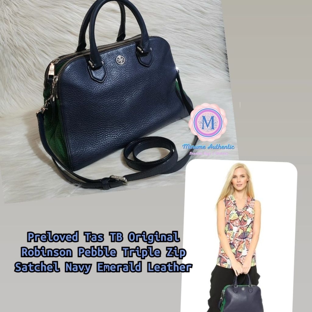 Preloved Tas TB Original Robinson Pebble Triple Zip Satchel Navy Emerald Leather