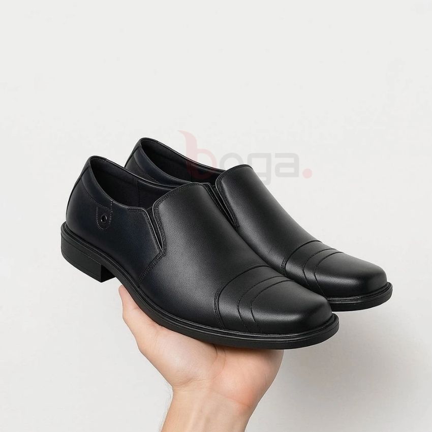BOGA MK-18 Sepatu Pria Pantofel Kulit Hitam Slip-on Tanpa Tali Hak - Full Black