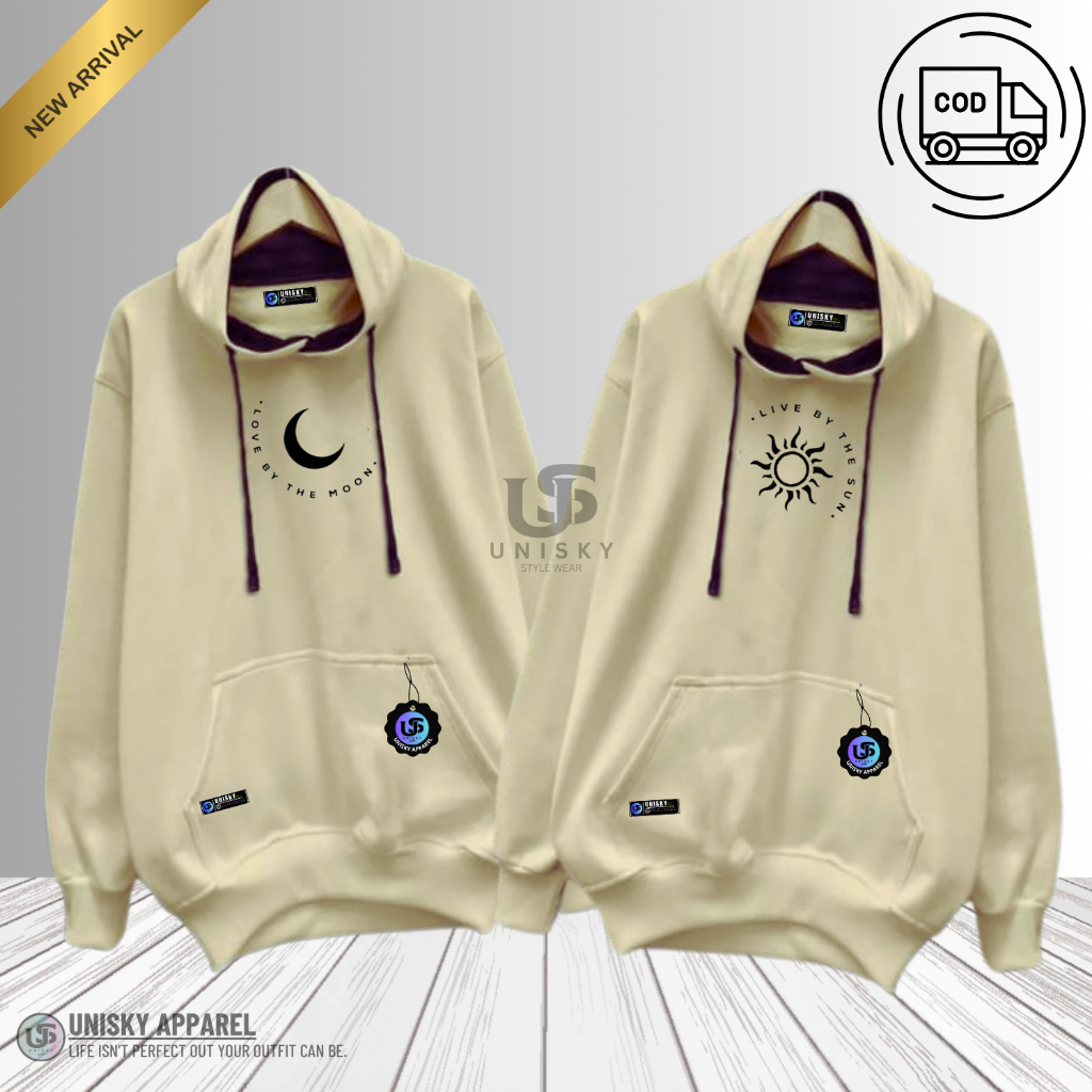 UNISKY( 2 PCS ) Hoodie Couple Distro Sepasang Pria Wanita Warna Cream List Print Love By The Moon & 