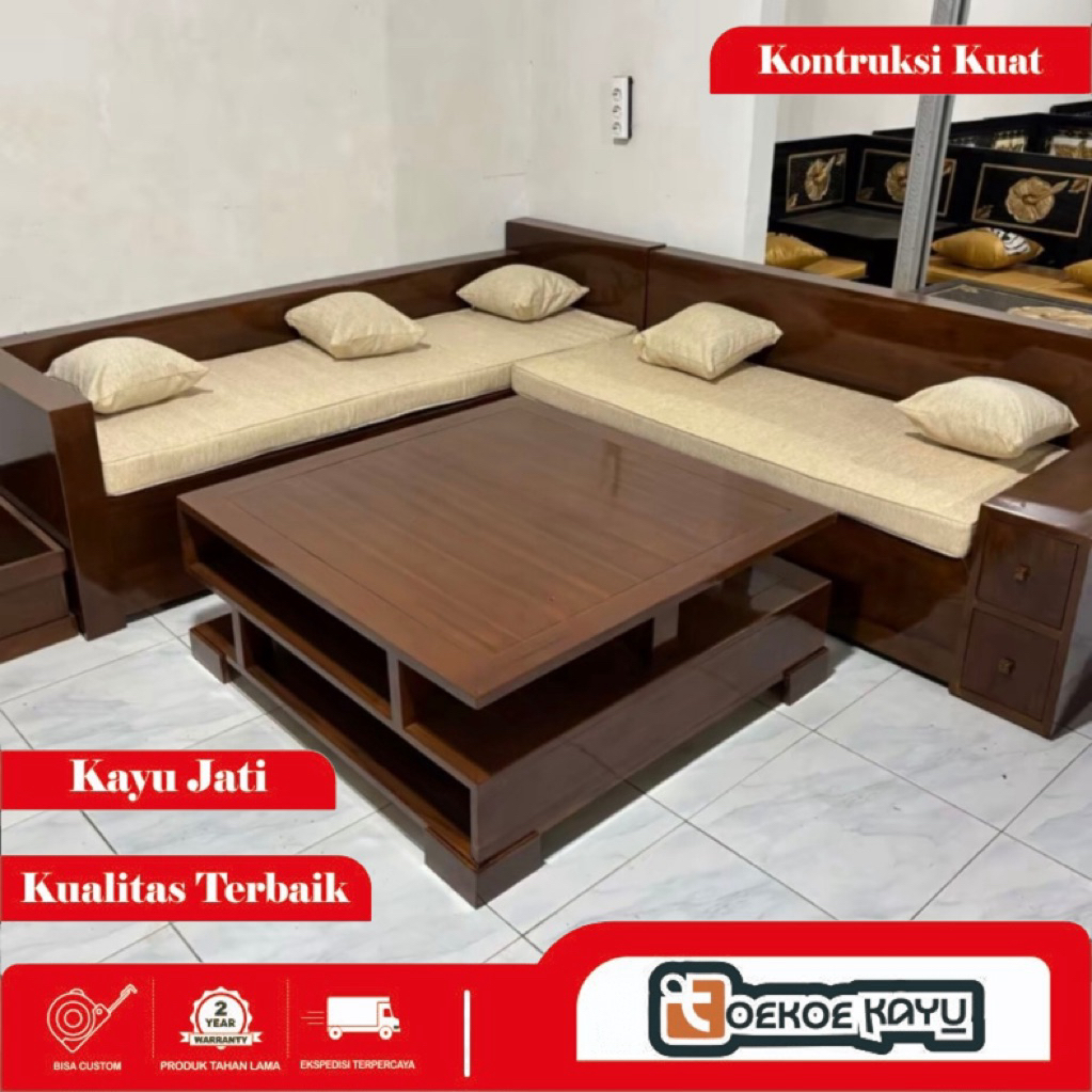 kursi ruang tamu sudut jati, kursi sudut sofa kayu jati, kursi tamu sudut, kursi box sampah