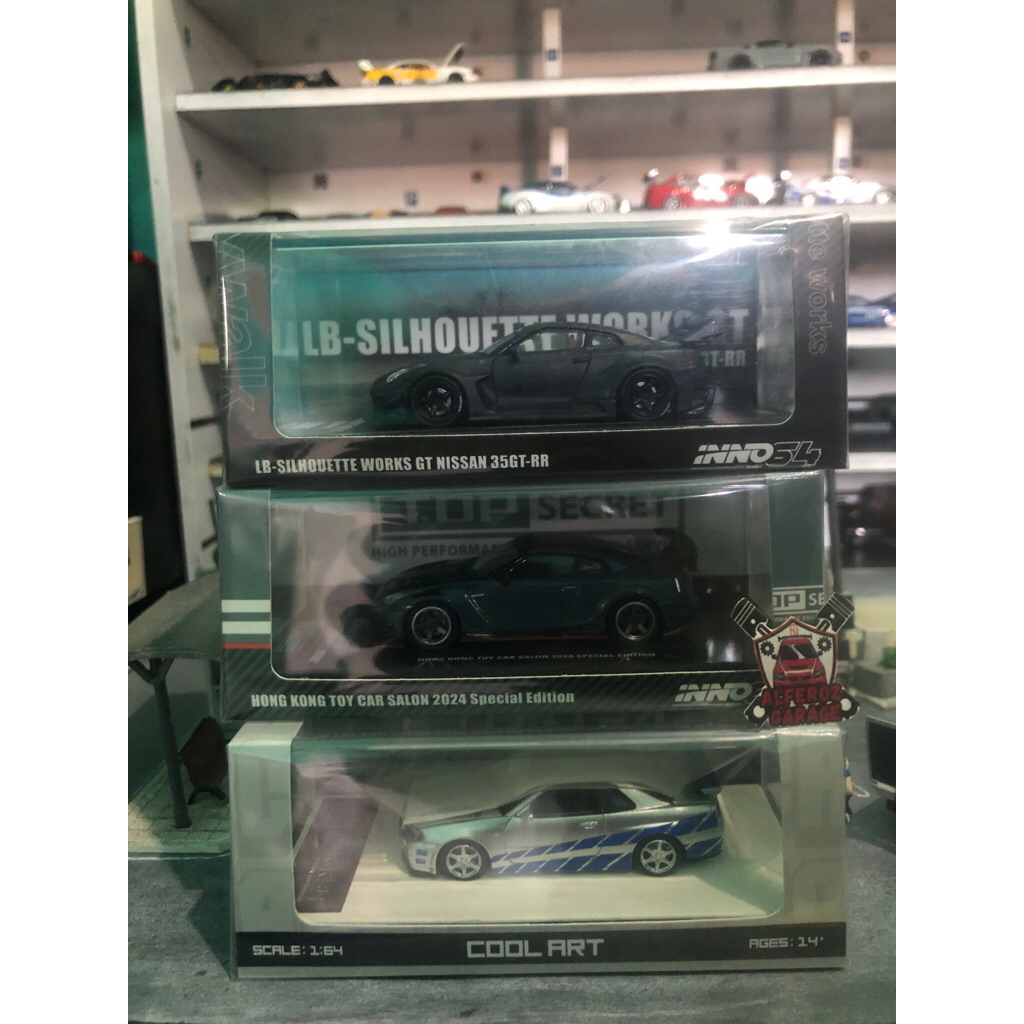 Diecast Inno64 LBWK R35 Carbon, Top Secret Hongkong Toy Car Salon Limited, CoolArt R34 Brian