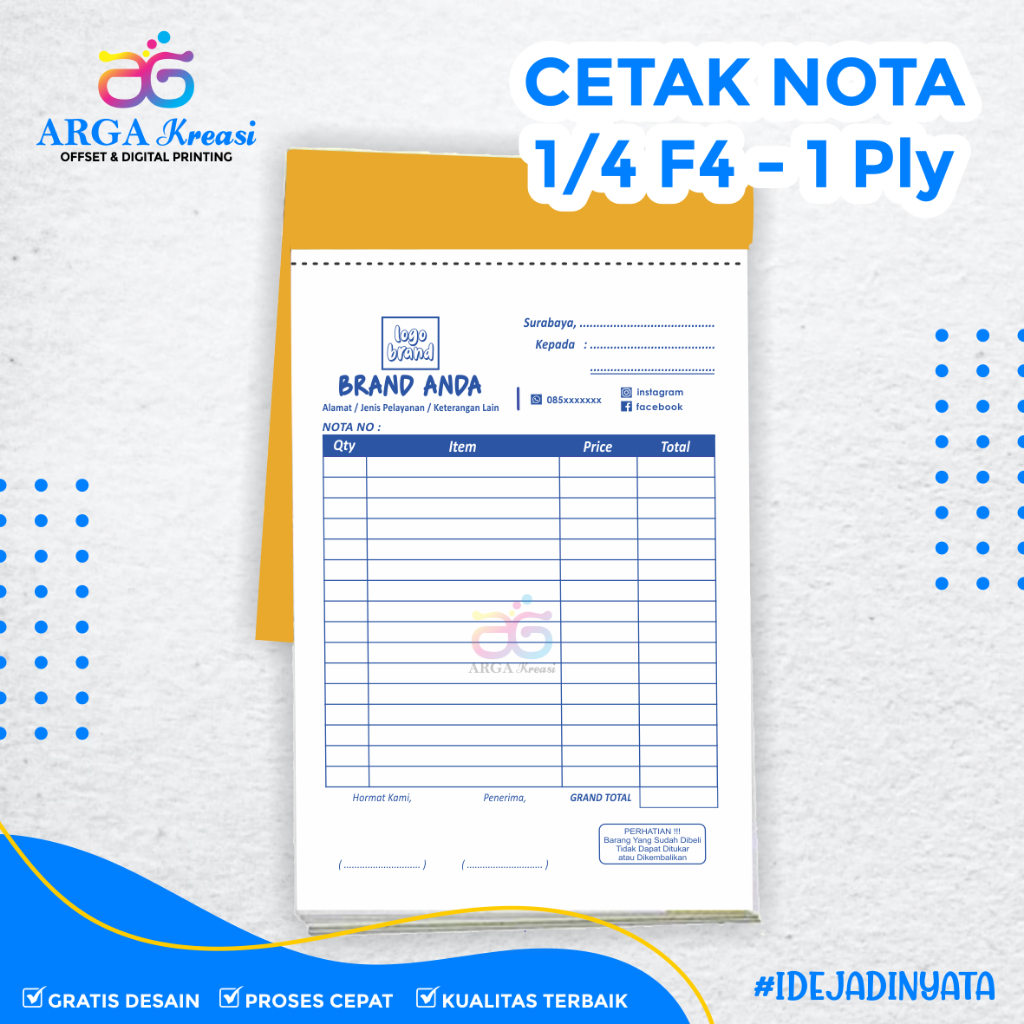 Cetak Nota Custom 1 Ply HVS 1/4 Folio - Kwitansi Bon Kontan Laundry Olshop - Desain Gratis