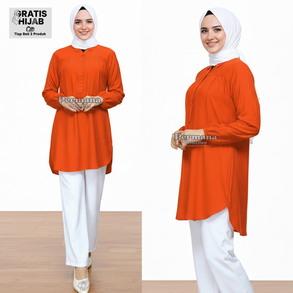 Baju Blouse Jumbo Polos Atasan Wanita Lengan Panjang Dewasa Muslimah Polos Warna Vibrant Orange