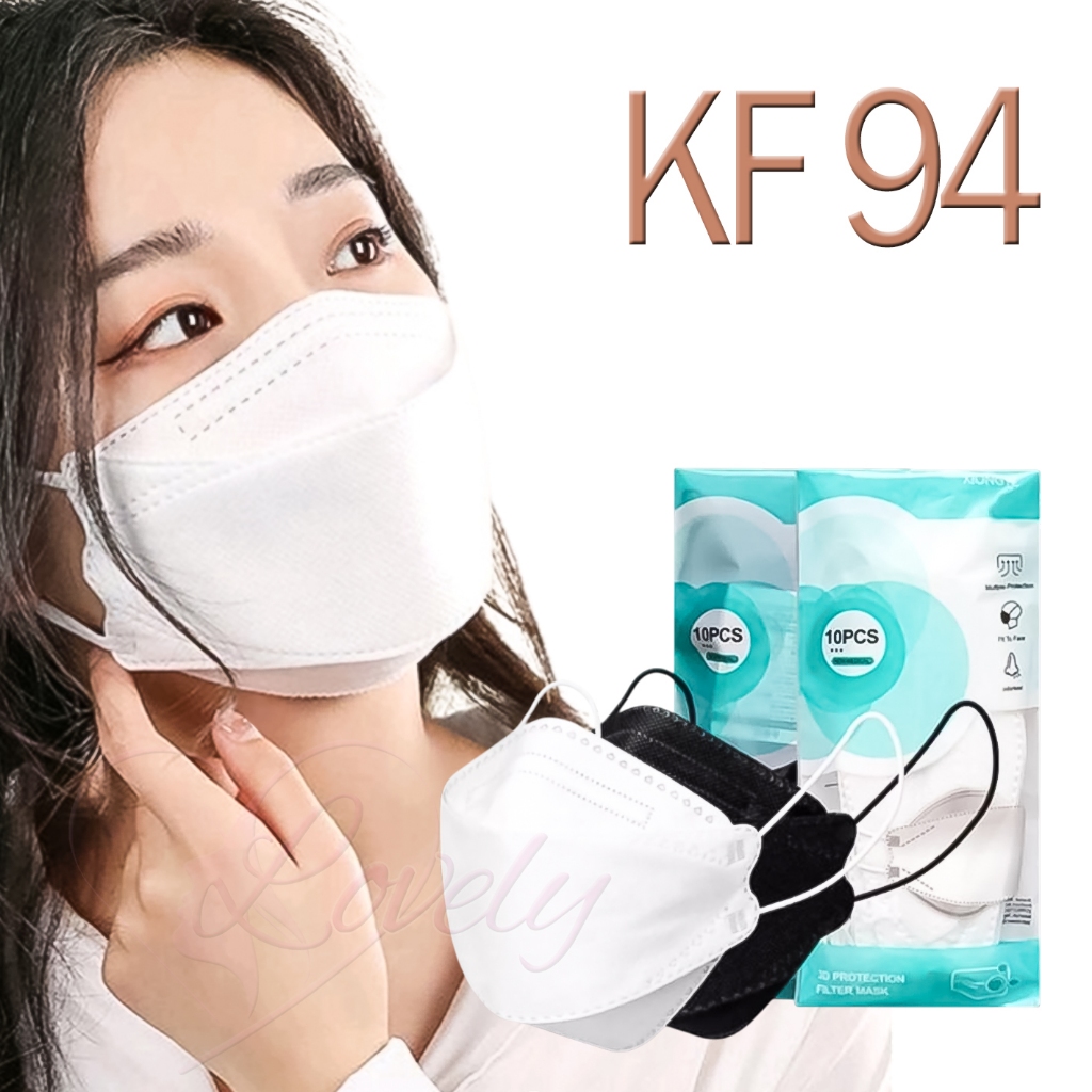 LOVELY Masker KF94 Hitam Putih 10 Pcs - Desain 3D, Tidak Alergen, Tali Elastis