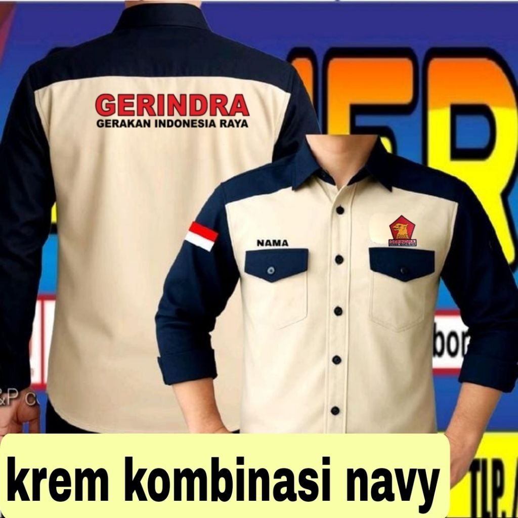 krem kombinasi navy kemeja partai Gerindra baju partai Gerindra seragam partai Gerindra kemeja kerja