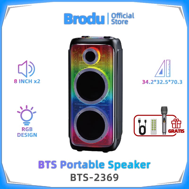 Speaker Karaoke Brodu BTS-2369 8x2 Inch Mic & LED Warna-Warni - Speaker Party Portable Baterai Tahan