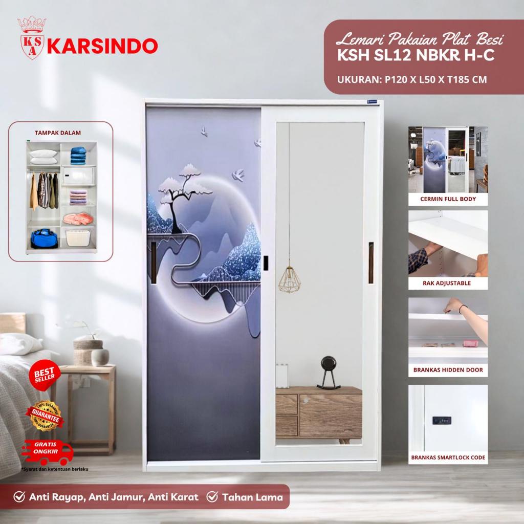 KARSINDO Lemari Besi / Lemari Pakaian 2 Pintu Sliding / Lemari Baju Minimalis KSHNBKR