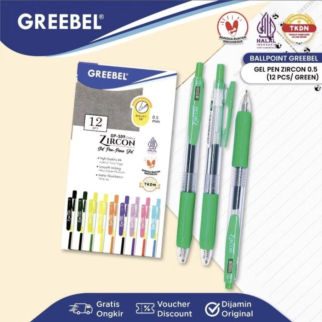 Greebel Pulpen Gel Zircon GP-509 Green 0.5 mm (1 pack isi 12) / Ballpen Gel Zircon 0.5 mm Hijau / Ba