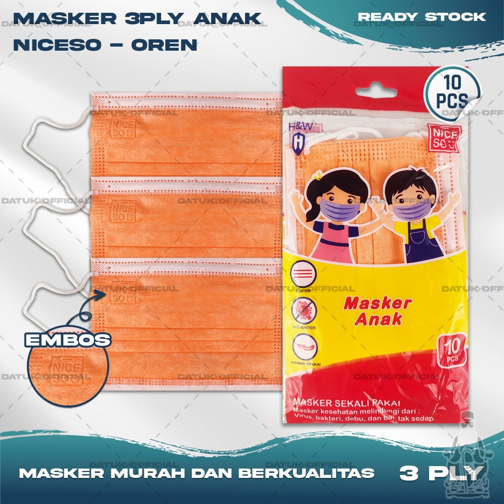 Masker Anak Medis 3Ply NICESO Isi 10Pcs Warna Oren Orange 3 Ply Earloop Surgical Mask Kemenkes