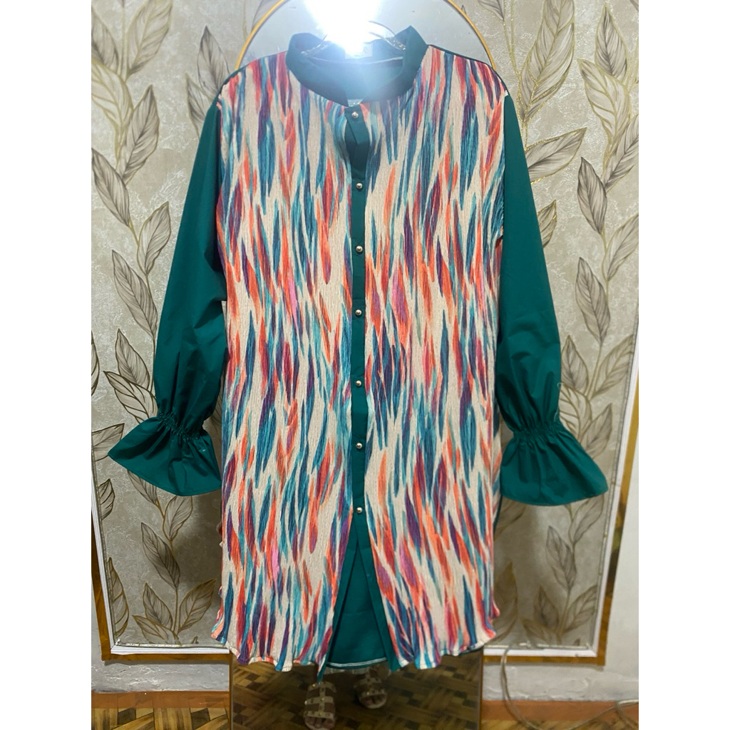 Atasan tunik plisket warna warni kombinasi katun polos lengan panjang Ld 120
