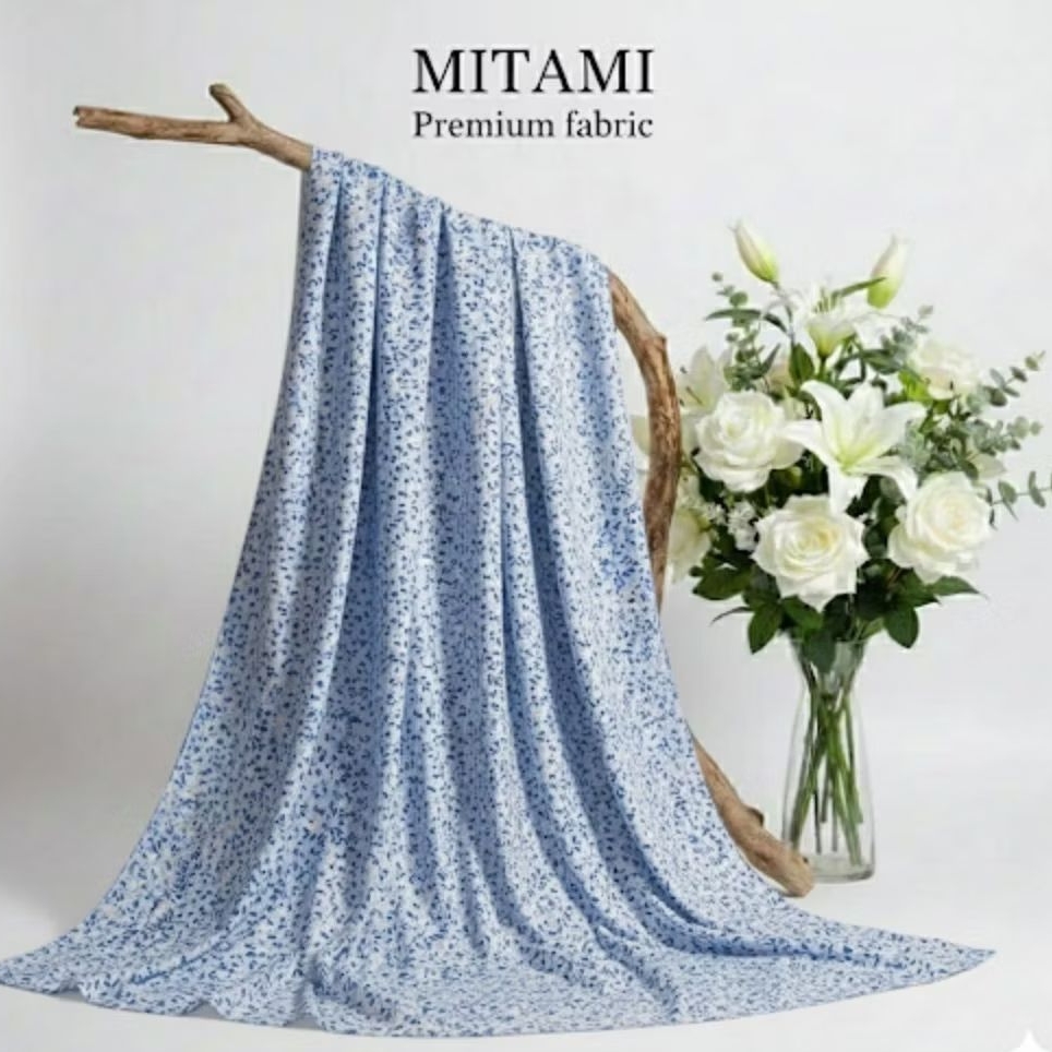 Kain Crinkle Airflow Motif Daun Bunga Tabur Biru Muda Putih Meteran Bahan Gamis Dress Blouse (Harga 