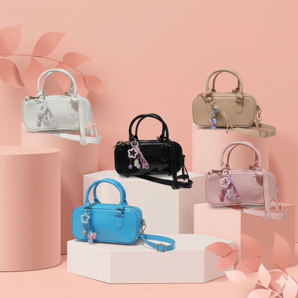 Tas Tangan Wanita Elegan dengan Rumbai Mutiara & Detail Bow Pilihan Warna Merah Putih Hitam Tas Jell