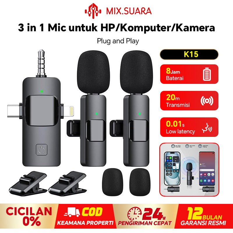 MIX.SUARA K15 3 In 1 Dual Mic Wireless Microphone hp Tanpa Kabel Mini Mic Wireless Clip On Plug & Pl