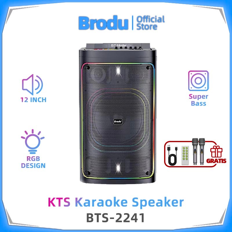 Speaker Karaoke Brodu BTS-2241 Professional dengan 2 Mic Wireless & LED Warna-Warni - Speaker Party 