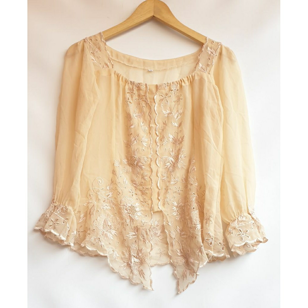 Blouse Atasan Katbol Katun Bolong Semi Kebaya Modern Blus Transparan Sheer Wanita Lengan Panjang Kre