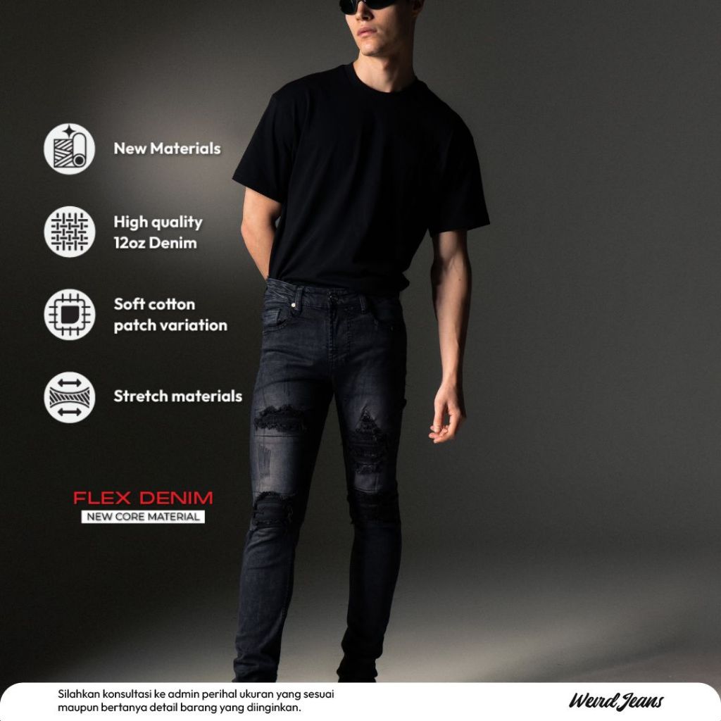 Weird Jeans - Austin Black - Celana Jeans Panjang Pria Slimfit Ripped Sobek Tambal