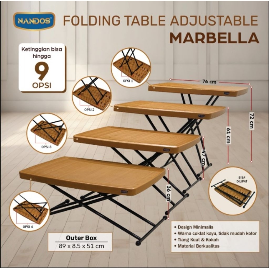 MEJA LIPAT NANDOS MARBELLA / MEJA LIPAT ADJUSTABLE / MEJA PLASTIK LIPAT / MEJA LIPAT OUTDOOR