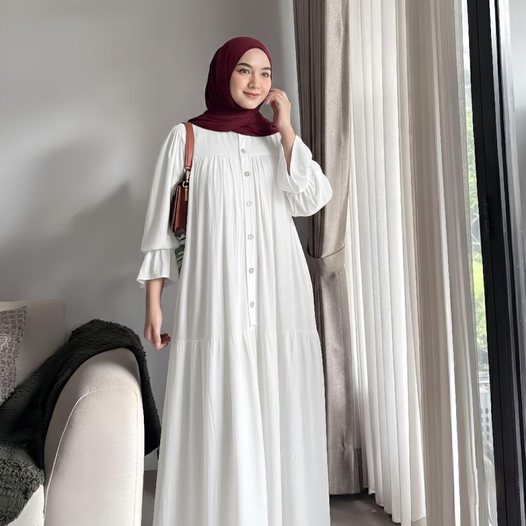 Big Sale Nagita Dress Gamis Rayon Twill - Gamis Lebaran Model Lengan Balon Kancing Depan Busui
