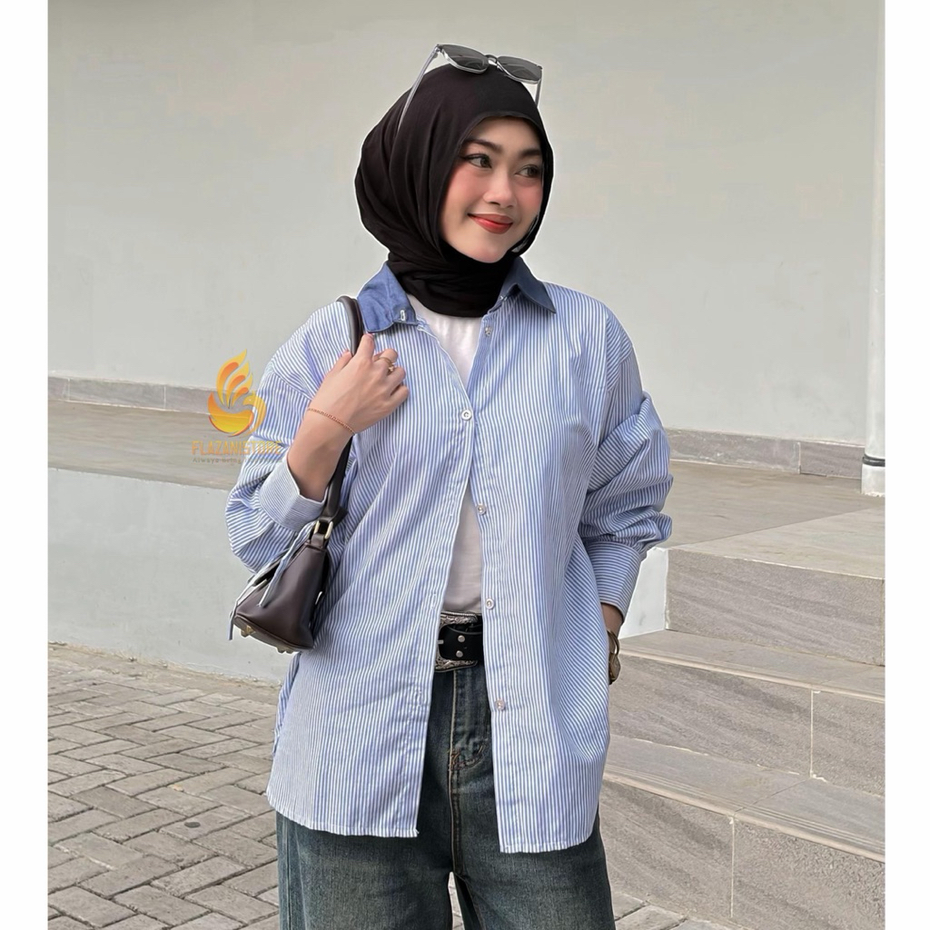 Zani - Nuna Shirt Cotton Salur Mix Denim - Kemeja Wanita Casual Kekinian