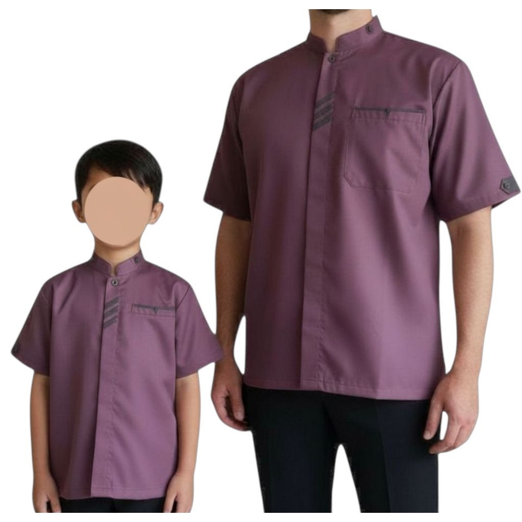 BAJU KOKO COUPLE AYAH ANAK WARNA UNGU LILAC DAN MARUN LENGAN PENDEK