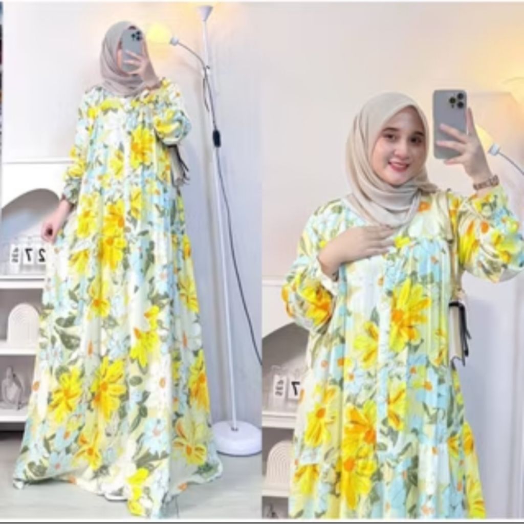 Gamis rubiya rayon premium lengan balon motif