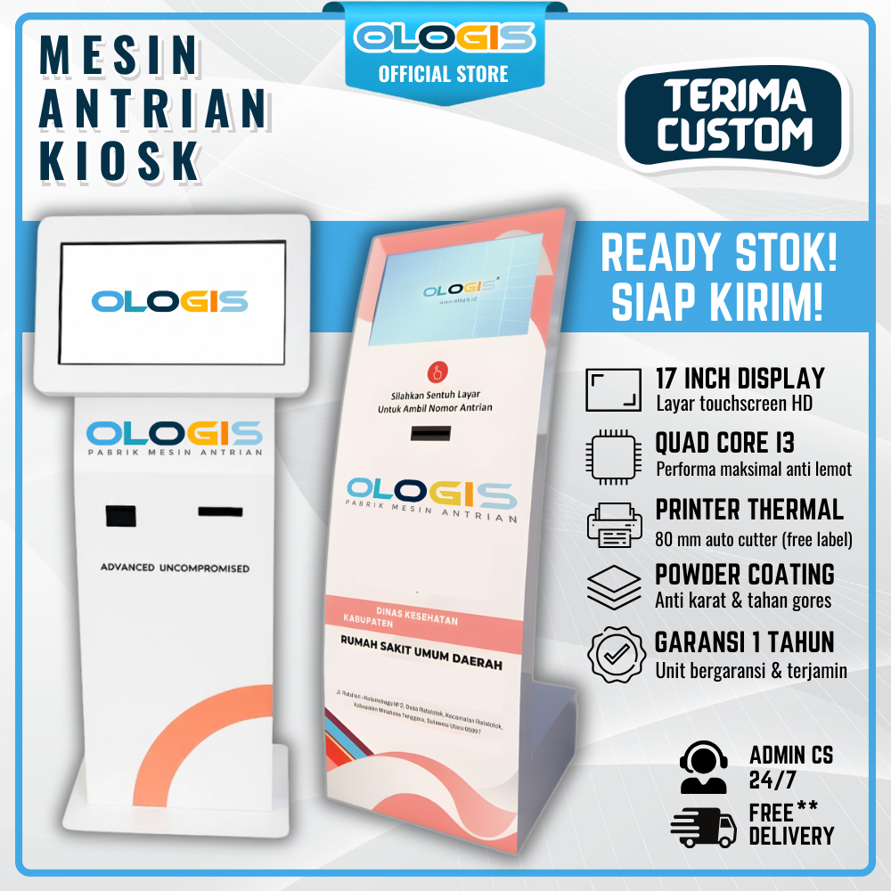OLOGIS - Mesin Antrian Kiosk Anjungan Mandiri Touchscreen 17" Gratis Software Antrian Murah Tanpa TV