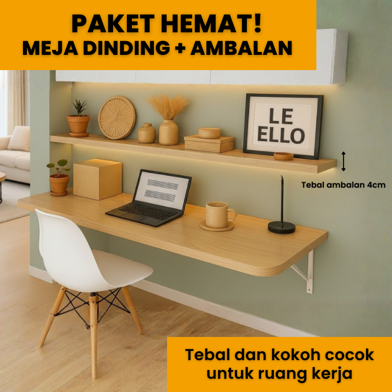 Meja Lipat Dinding Minimalis + 1 Set Ambalan Meja Kerja Meja Belajar 120x40 100x40 80x40 Hitam Putih