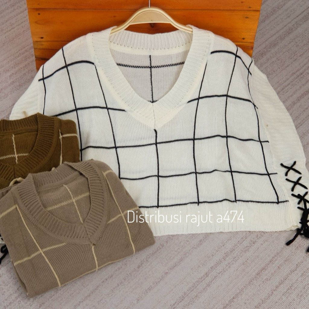 ZULAIKA VEST ROMPI RAJUT MOTIF KOTAK KOTAK TALI SAMPING WANITA