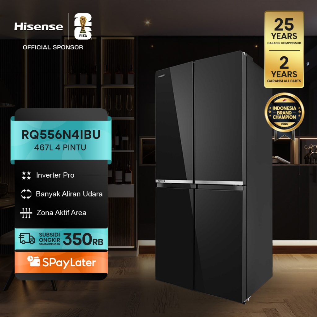 Hisense Kulkas RQ556N4IBU Refrigerator 4 Pintu Kapasitas 467L Warna Hitam Inverter Pro 360 Derajat M