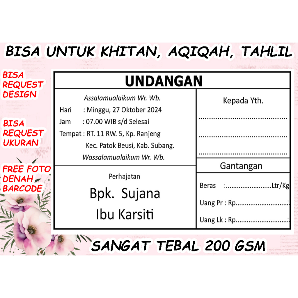 (1-2HARI JADI)[8x5cm](Sangat Tebal, Bisa Custom Barcode, Foto, Denah) Undangan untuk ditempel di sab