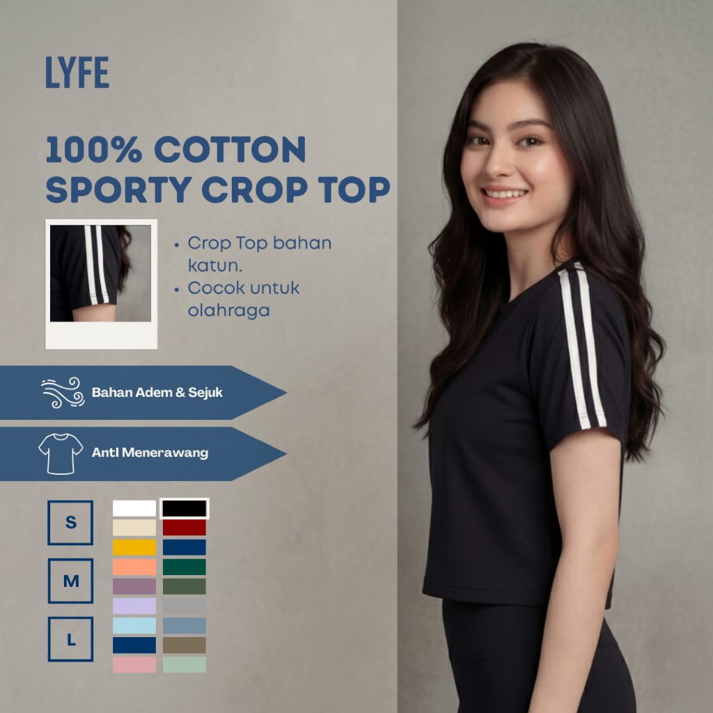 Crop Top Two Stripe Kaos Crop Top Lengan Pendek Korean Sporty Cotton Combed Premium Atasan Wanita