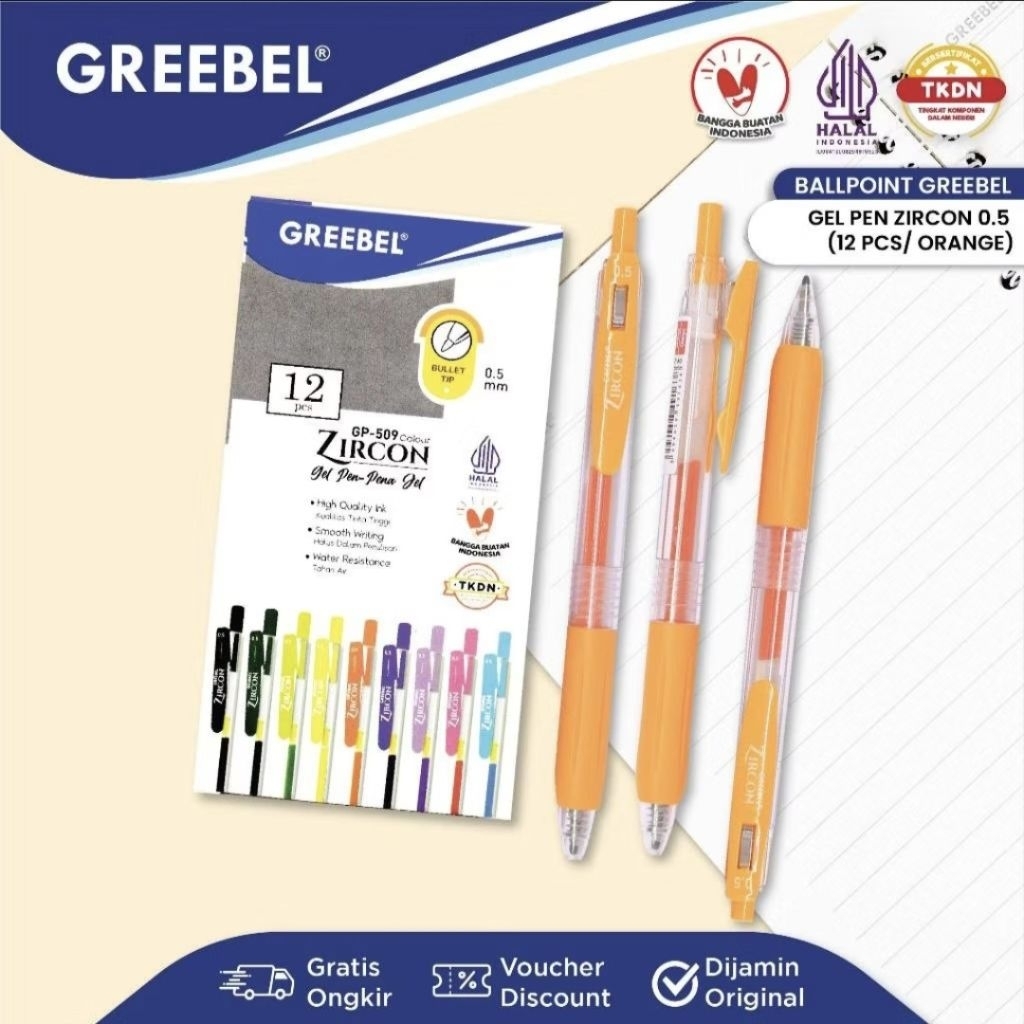 Greebel Pulpen Gel Zircon GP-509 Orange 0.5 mm (1 pack isi 12) / Ballpen Gel Zircon 0.5 mm Orange / 